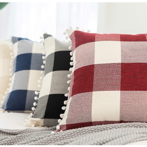 Classic Red/White Gingham Pompom Farmhouse Preppy Chic Cute Throw Pillow Covers - Picture 7 of 9